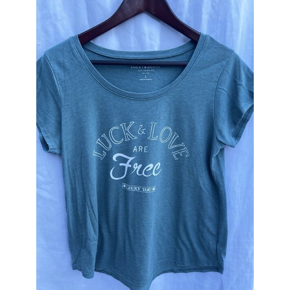 Lucky Brand T Shirt Womens L Green Short Sleeve Tunic Top Luck Love Graphic
